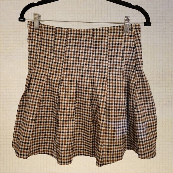 HYFVE Women's Checkered Pleated Mini Skirt Brown Beige Black Medium - Picture 1 of 5